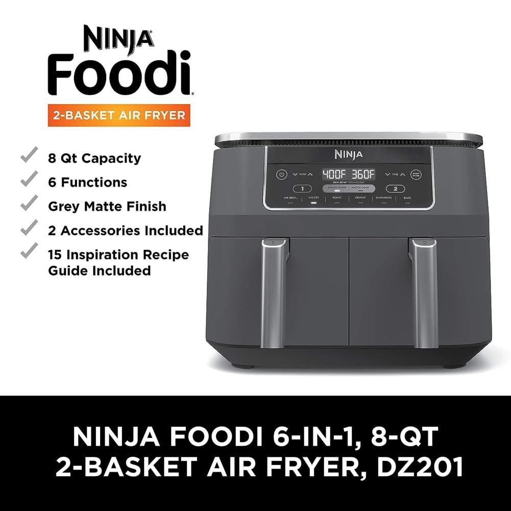 Ninja DZ201 next to common kitchen items showing 8‑quart scale and space fit