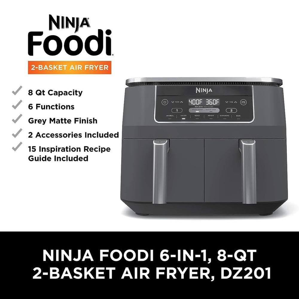 Ninja DZ201 next to common kitchen items showing 8‑quart scale and space fit