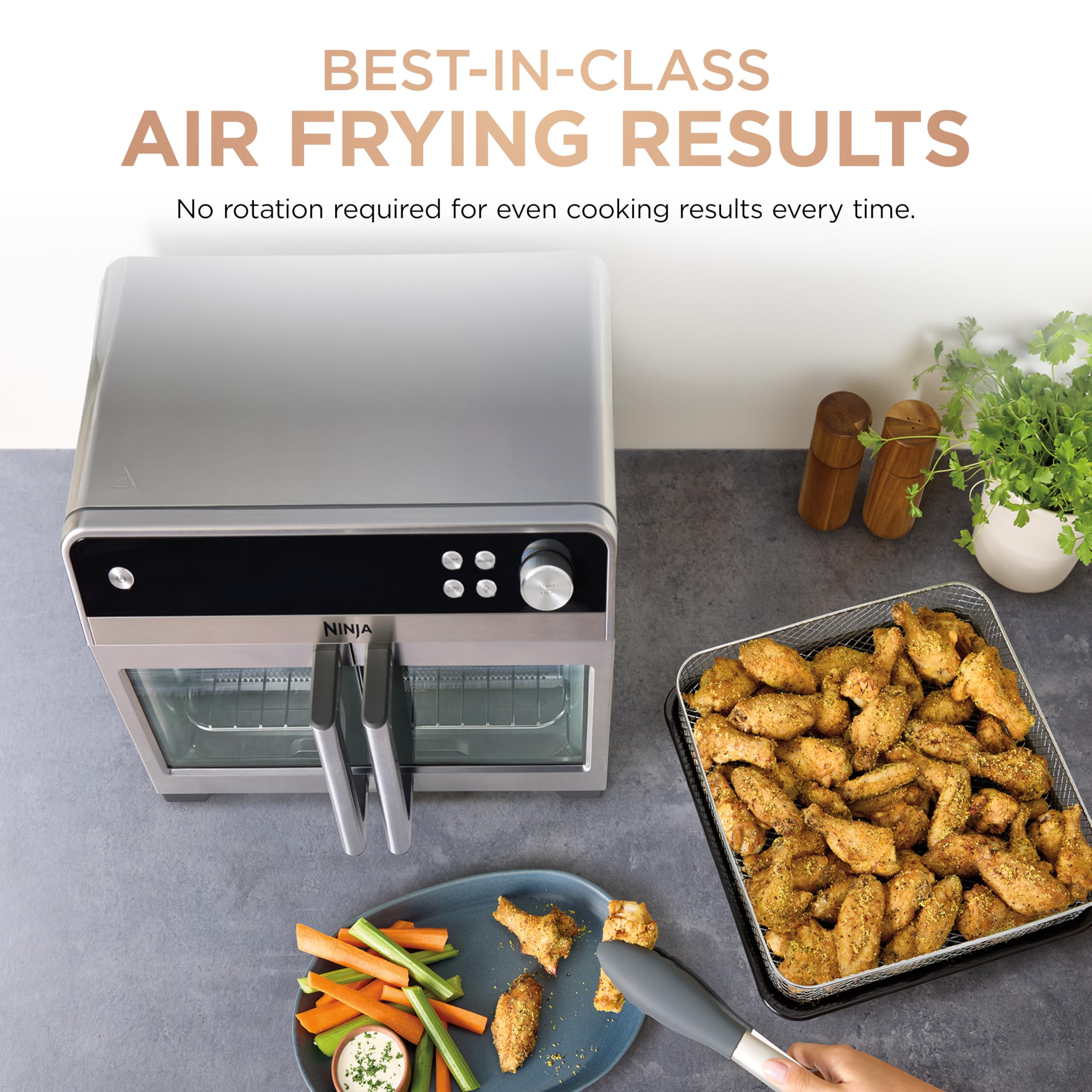 Ninja FO101 sheet pan with roast illustrating XL cooking and even browning
