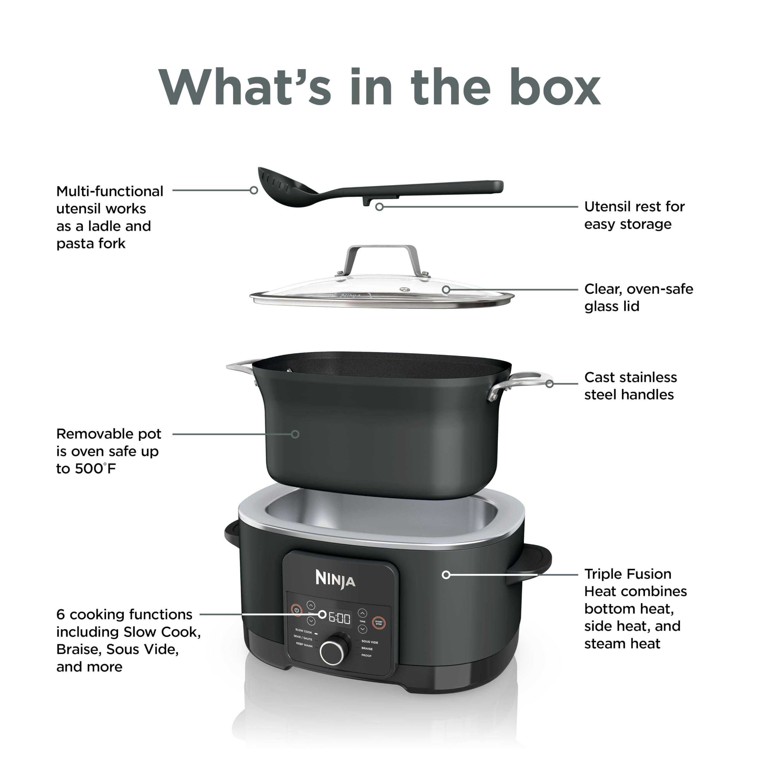 Ninja PossibleCooker PLUS next to standard pot showing 8.5 qt size and capacity benefits