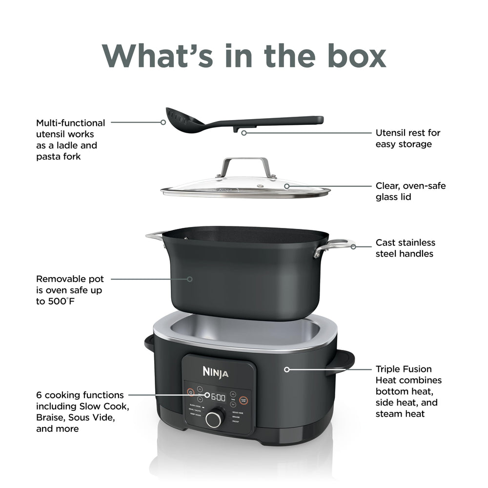 Ninja PossibleCooker PLUS next to standard pot showing 8.5 qt size and capacity benefits