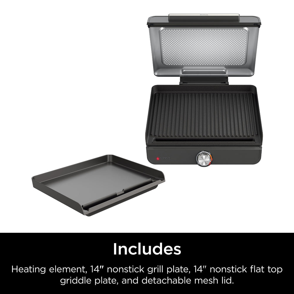 Ninja Sizzle box and quick start guide showing included recipes and parts