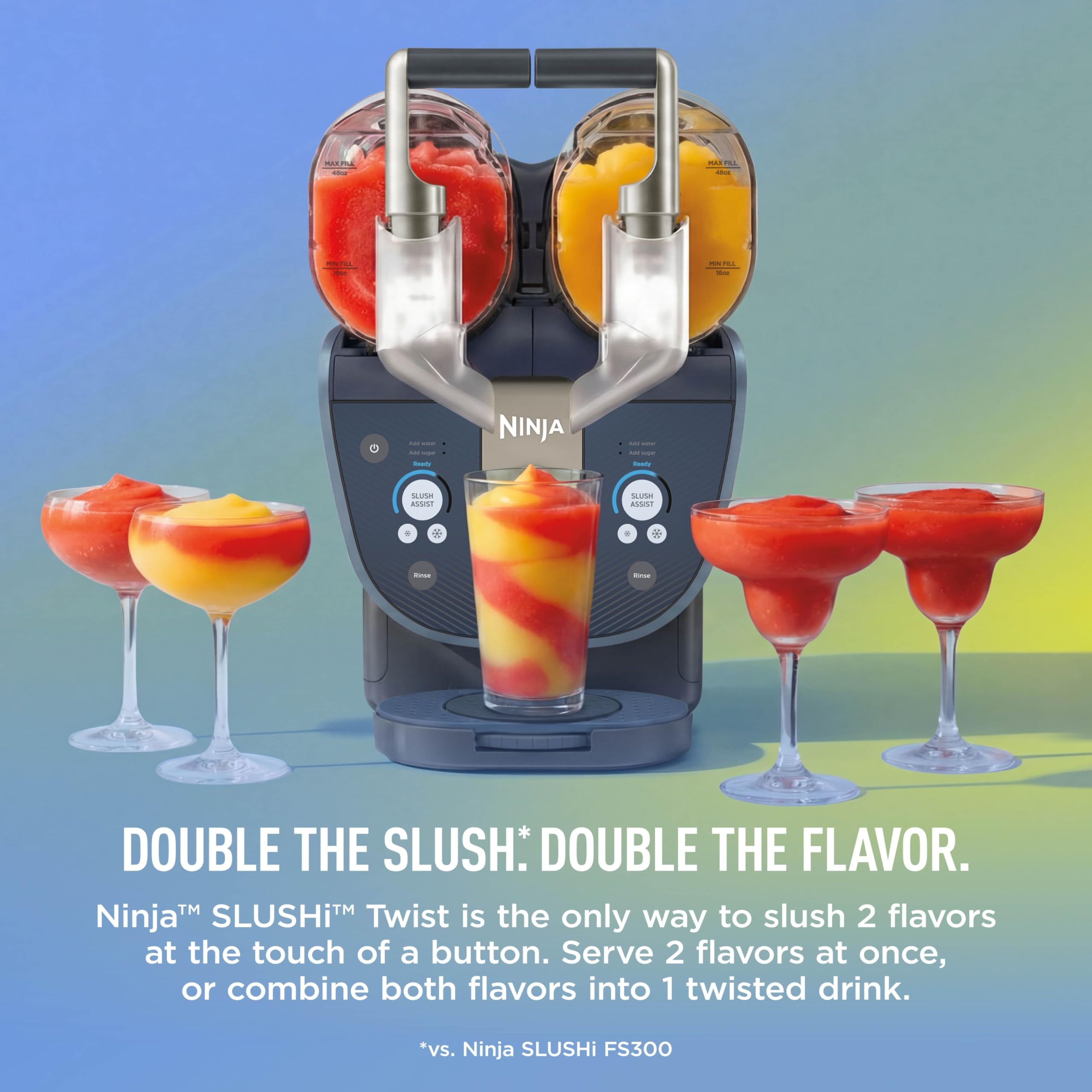 Ninja SLUSHi Twist dual vessels filled with two colors demonstrating simultaneous slushing capability