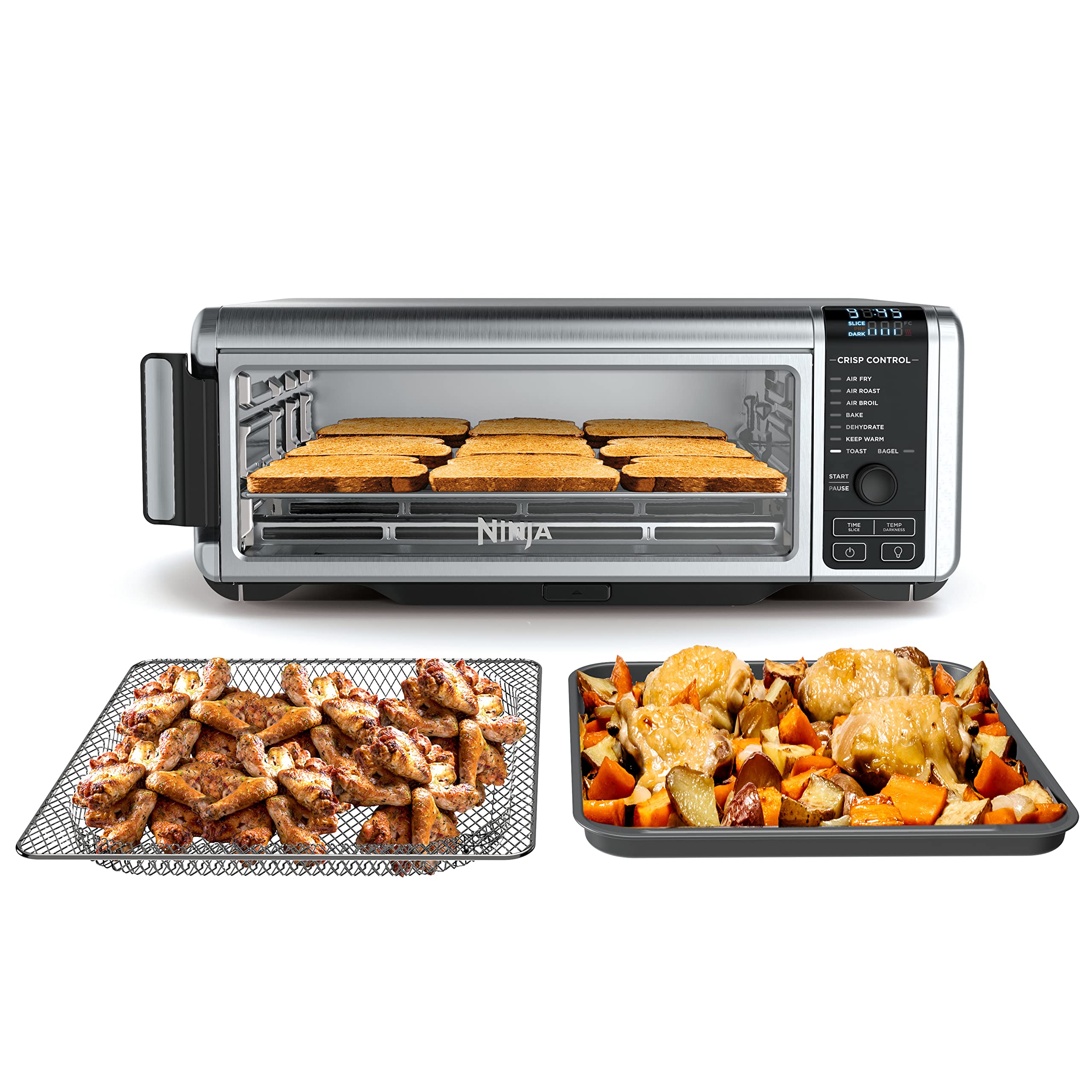 Ninja SP101 front view showing controls and oven door, highlighting compact power