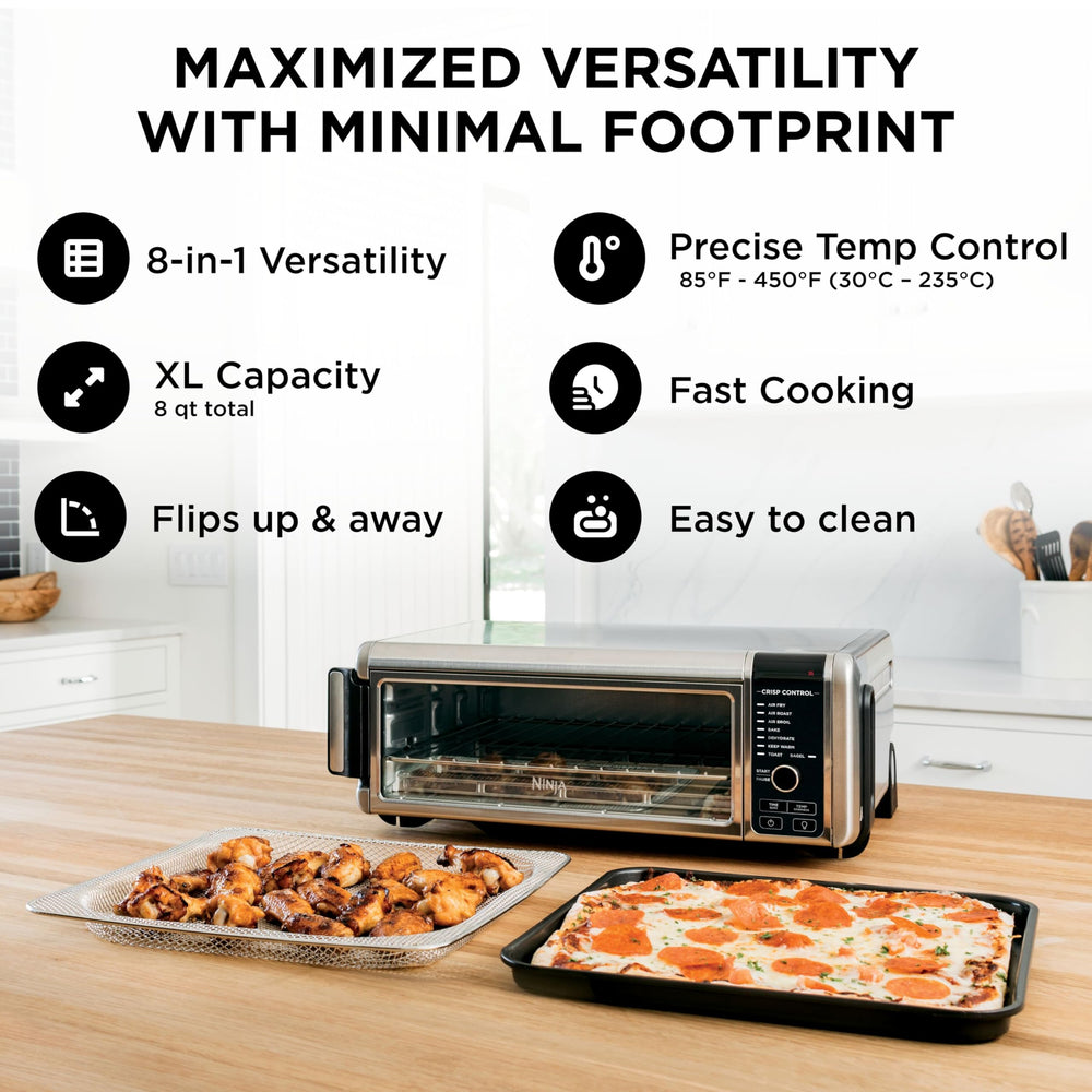 Ninja SP101 interior with 13-inch pizza, showing XL capacity for family meals