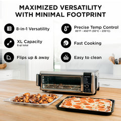 Ninja SP101 interior with 13-inch pizza, showing XL capacity for family meals