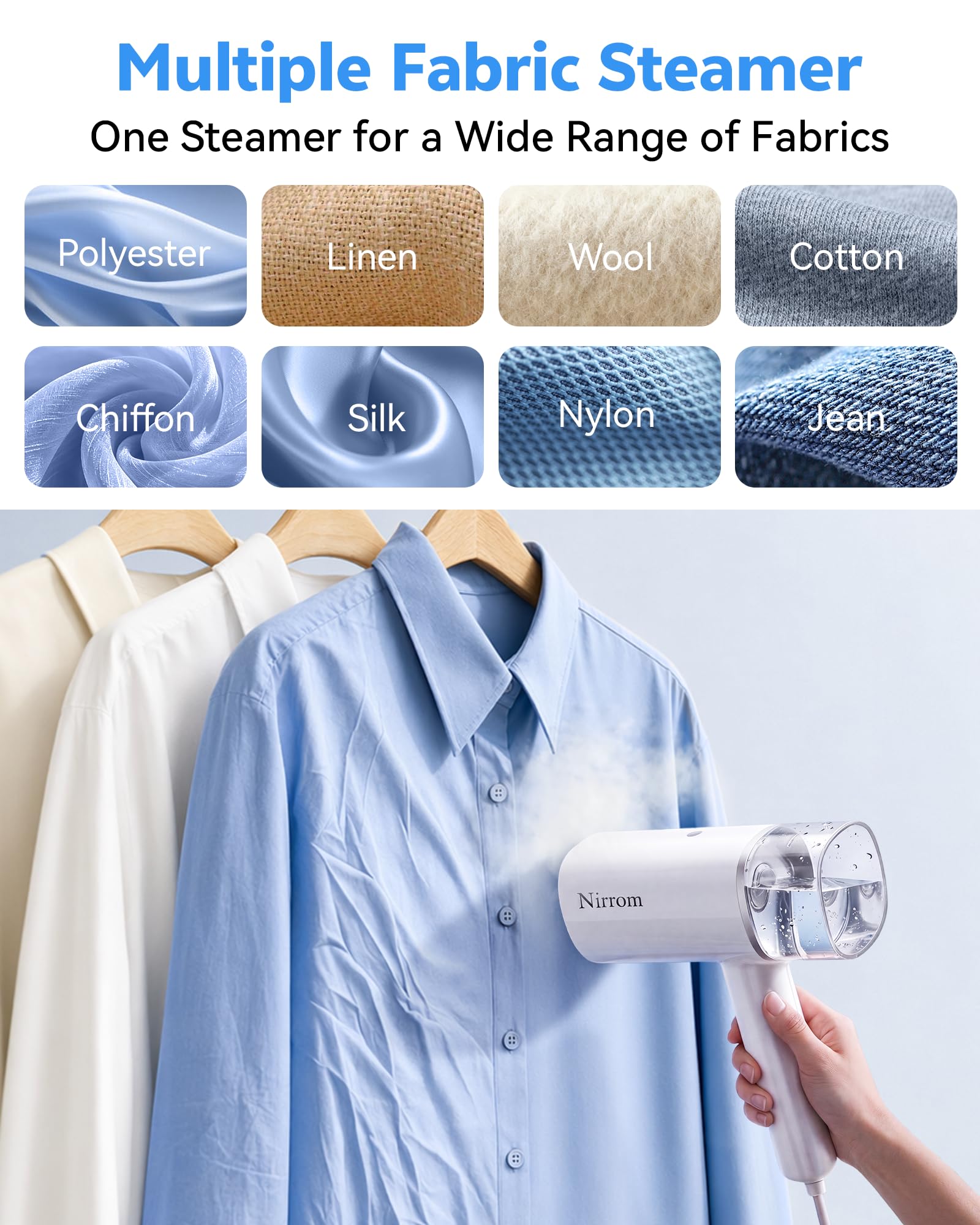 Nirrom steamer cord and controls view for simple one-button use