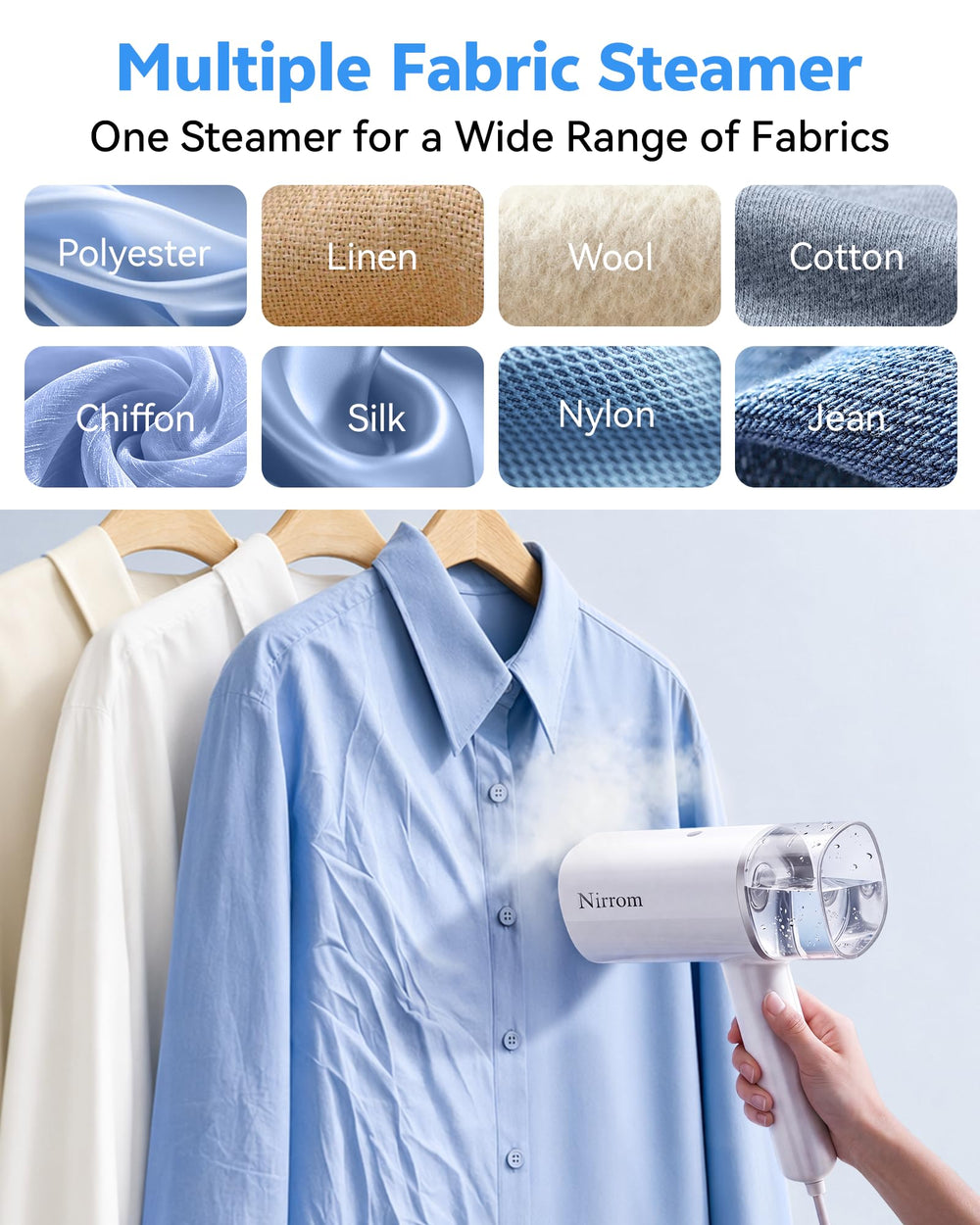 Nirrom steamer cord and controls view for simple one-button use