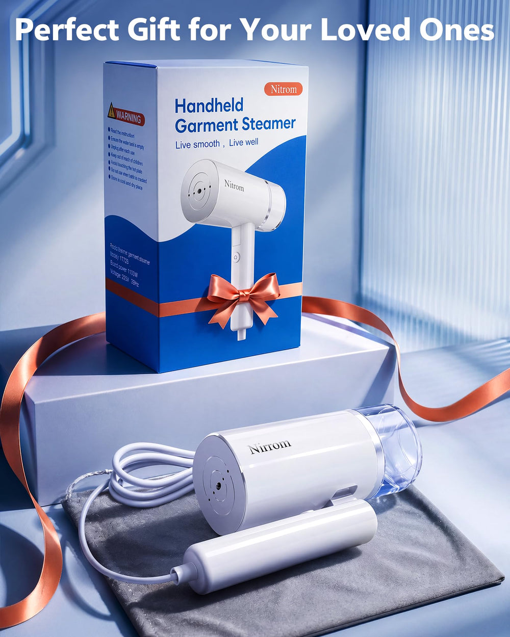 Nirrom steamer next to a phone for size and weight scale