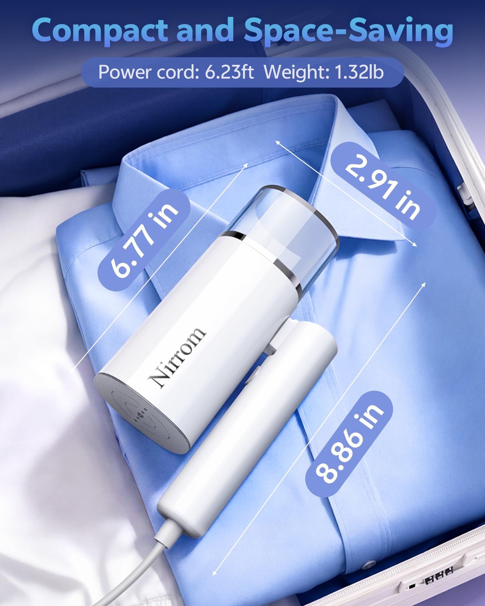 Nirrom steamer packed in suitcase for travel-ready wrinkle removal