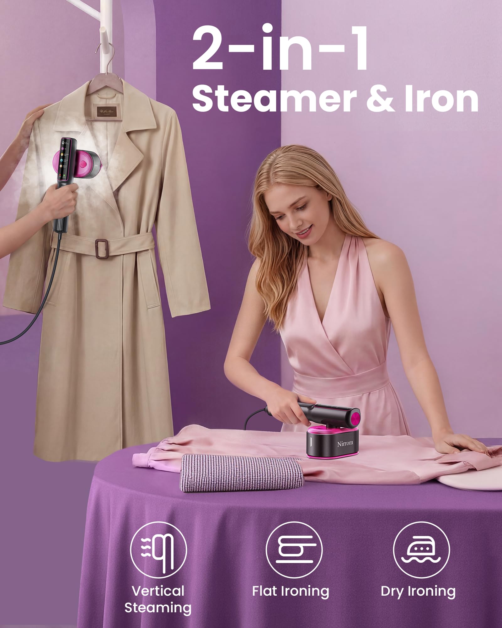 Nirrom steamer water tank with measuring cup highlighting long continuous steam benefit