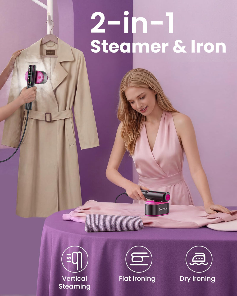 Nirrom steamer water tank with measuring cup highlighting long continuous steam benefit
