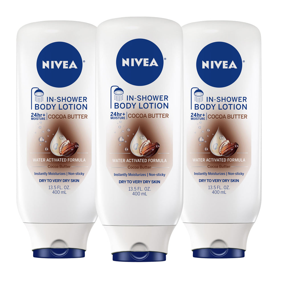 NIVEA front packaging showing three cocoa butter bottles for convenient bulk supply