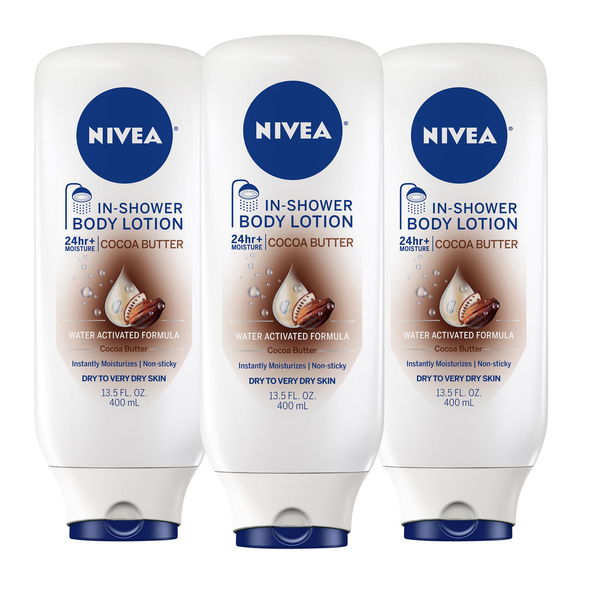 NIVEA front packaging showing three cocoa butter bottles for convenient bulk supply