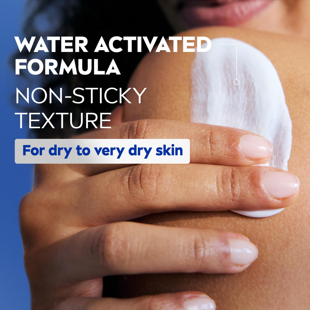 NIVEA in-shower application on wet skin illustrating quick, time-saving hydration