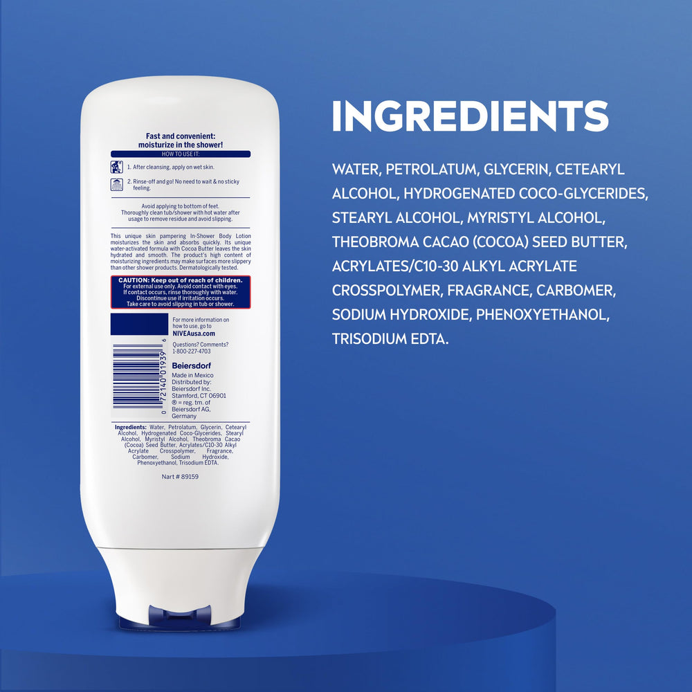 NIVEA ingredient label panel highlighting cocoa butter enrichment for nourishment