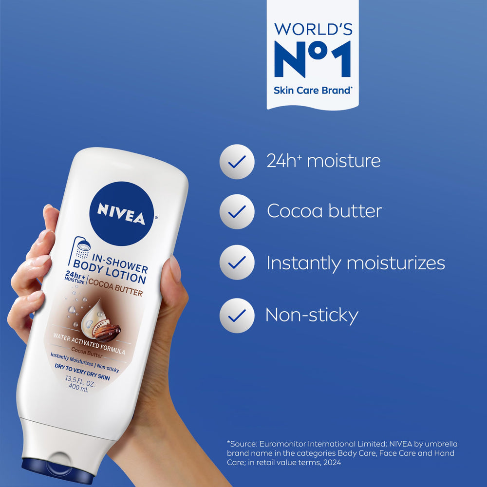NIVEA pump dispenser detail for easy one-handed in-shower application benefit