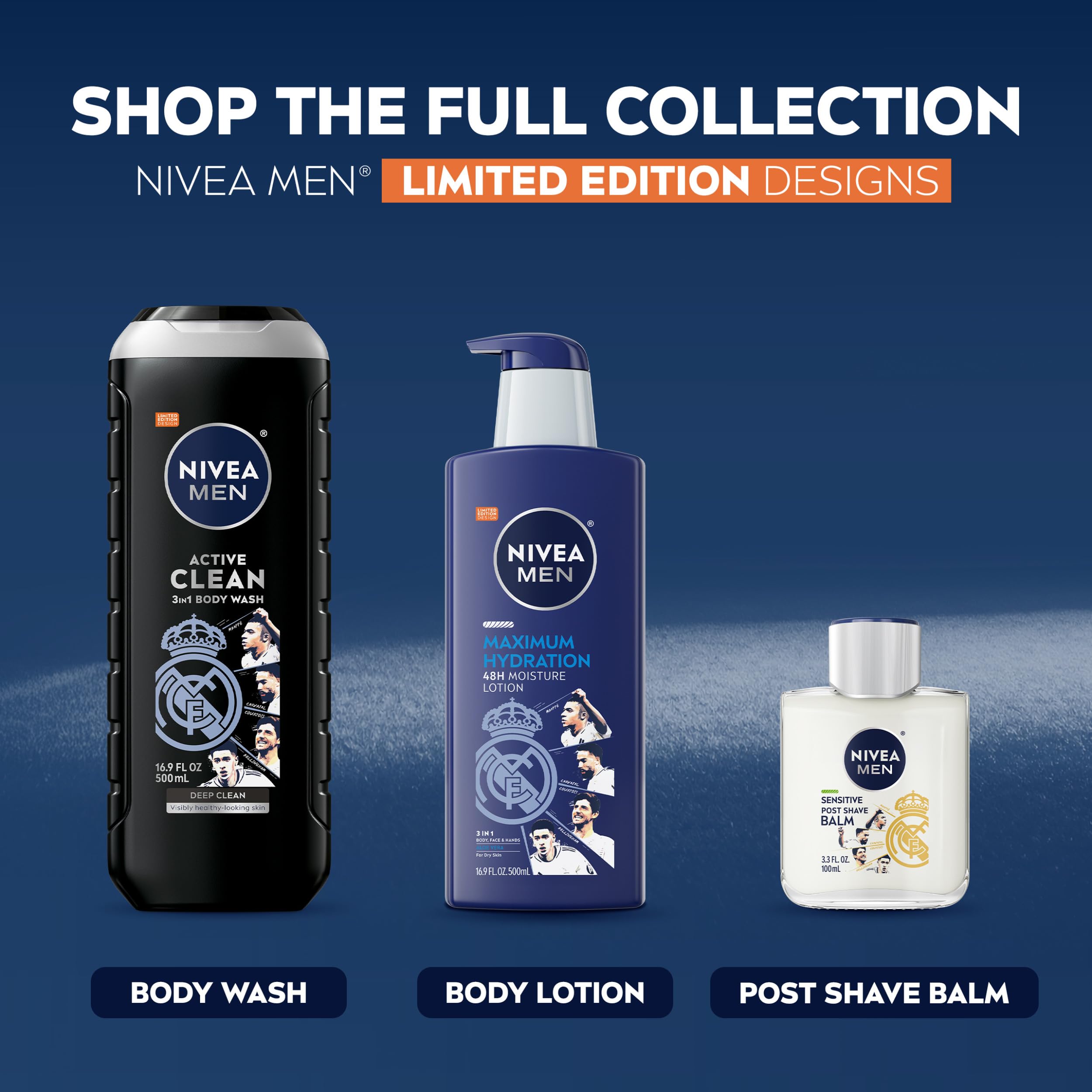 NIVEA MEN bottle held in hand showing compact 3.3 fl oz travel-friendly size