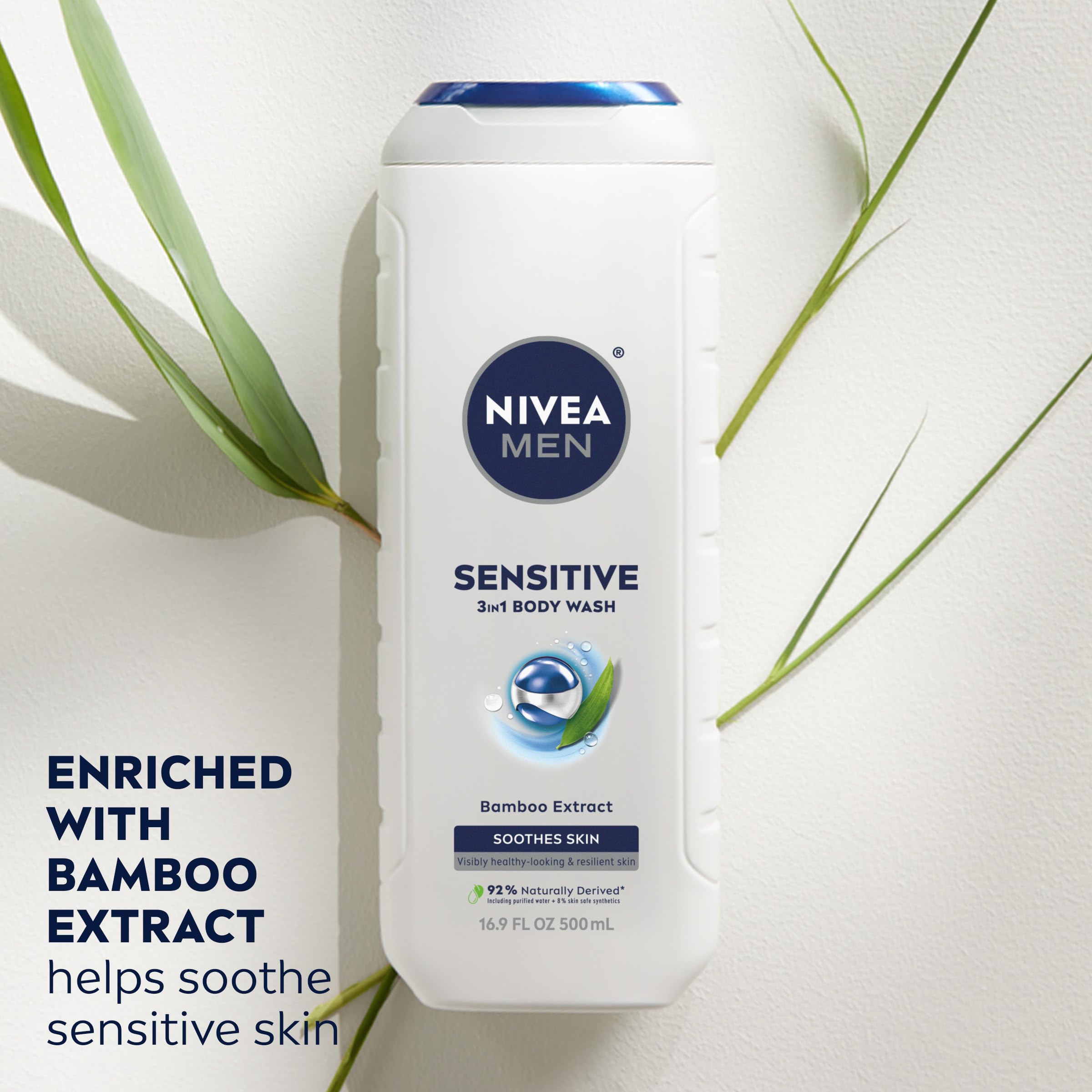 NIVEA MEN close-up label highlighting sensitive formula benefits