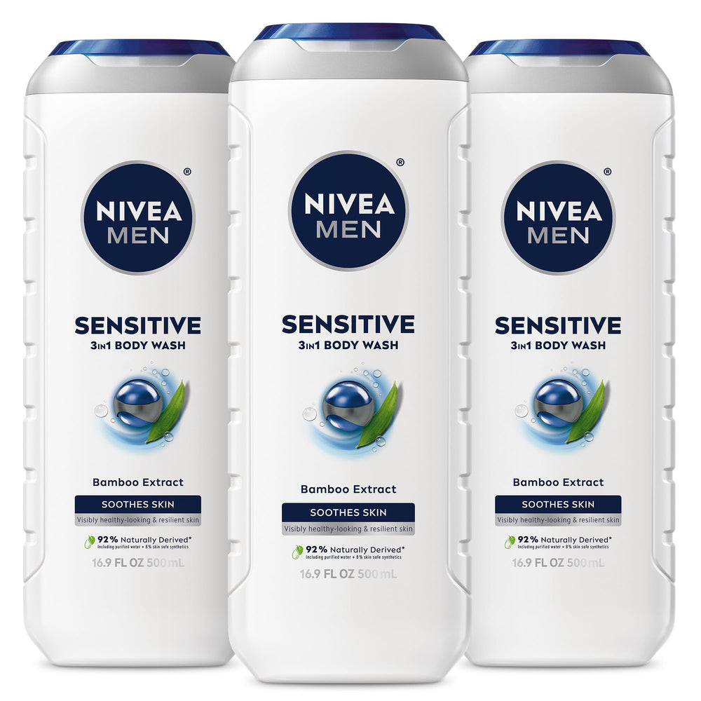 NIVEA MEN front packaging showing three-bottle bulk value