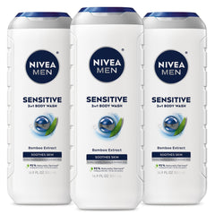 NIVEA MEN front packaging showing three-bottle bulk value