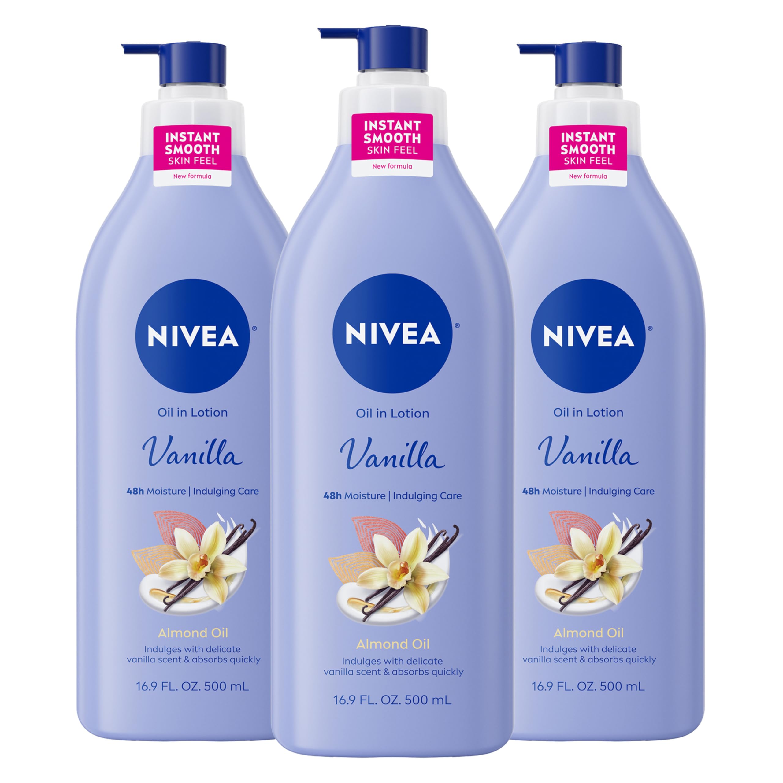 NIVEA front packaging showing three vanilla almond lotion bottles and value benefits