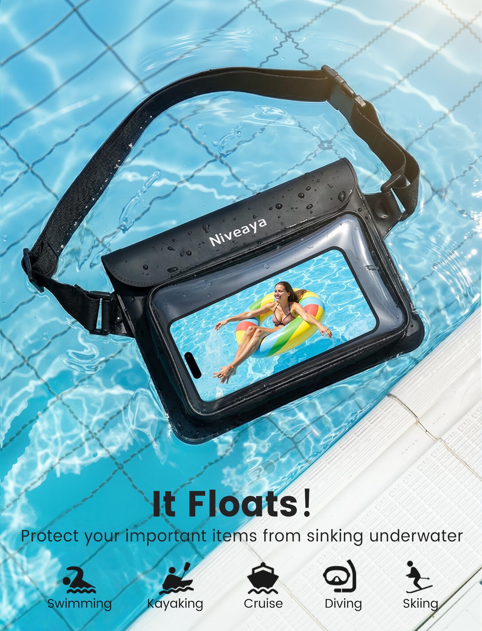 Niveaya floating on water illustrating buoyancy and loss prevention