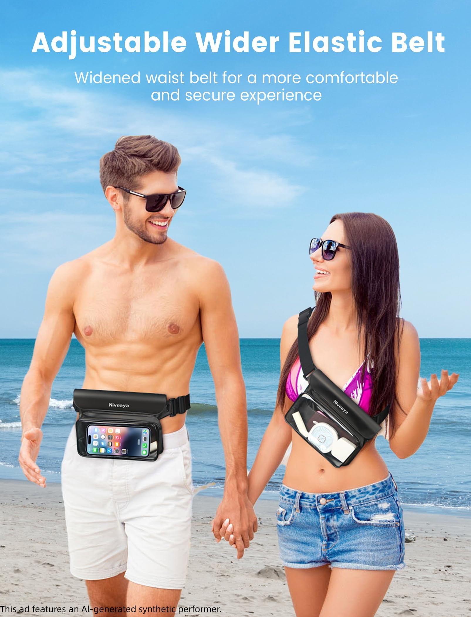 Niveaya worn at a waterpark showing hands-free convenience and security