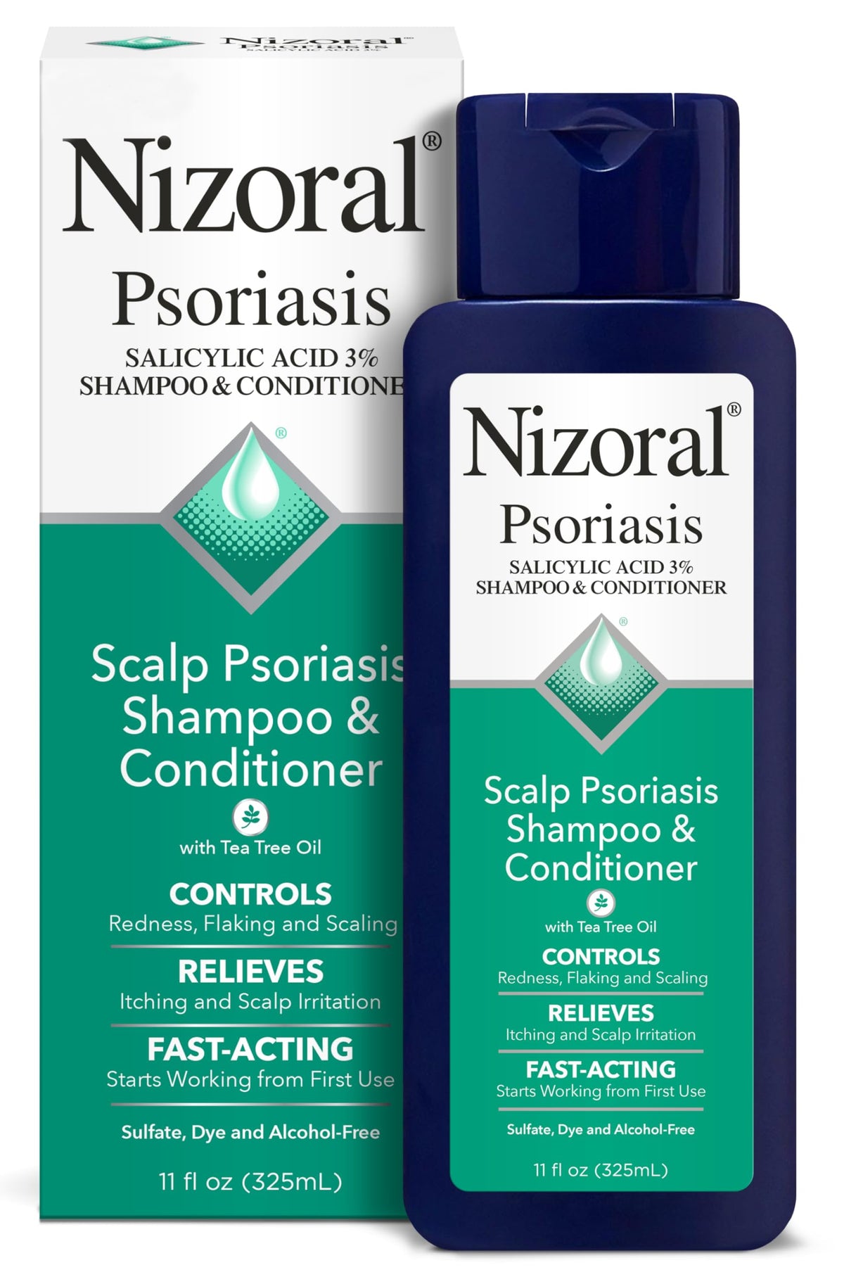 Nizoral front packaging showing 11 oz bottle and benefits