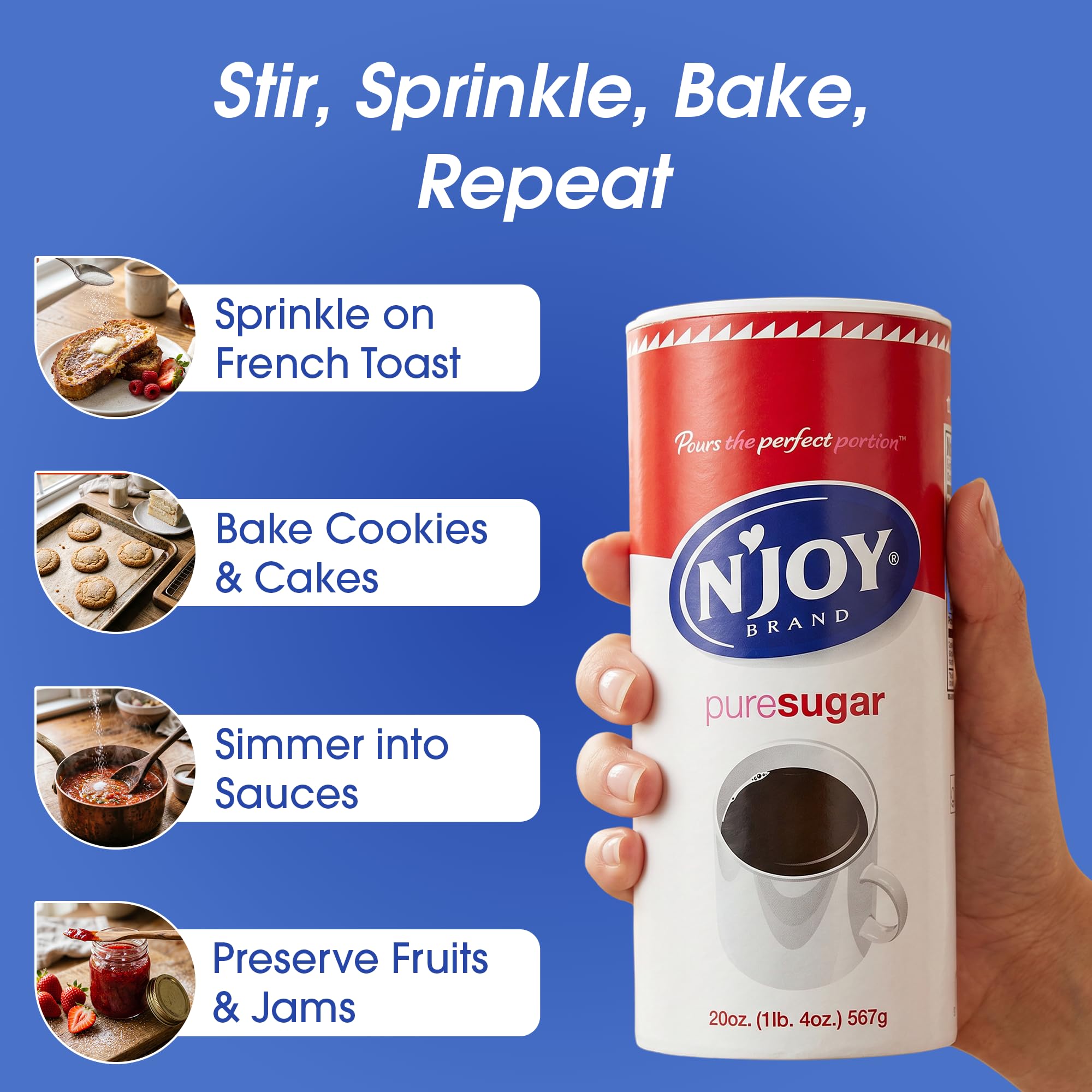 N'Joy canister beside coffee mug showing portion and scale benefit