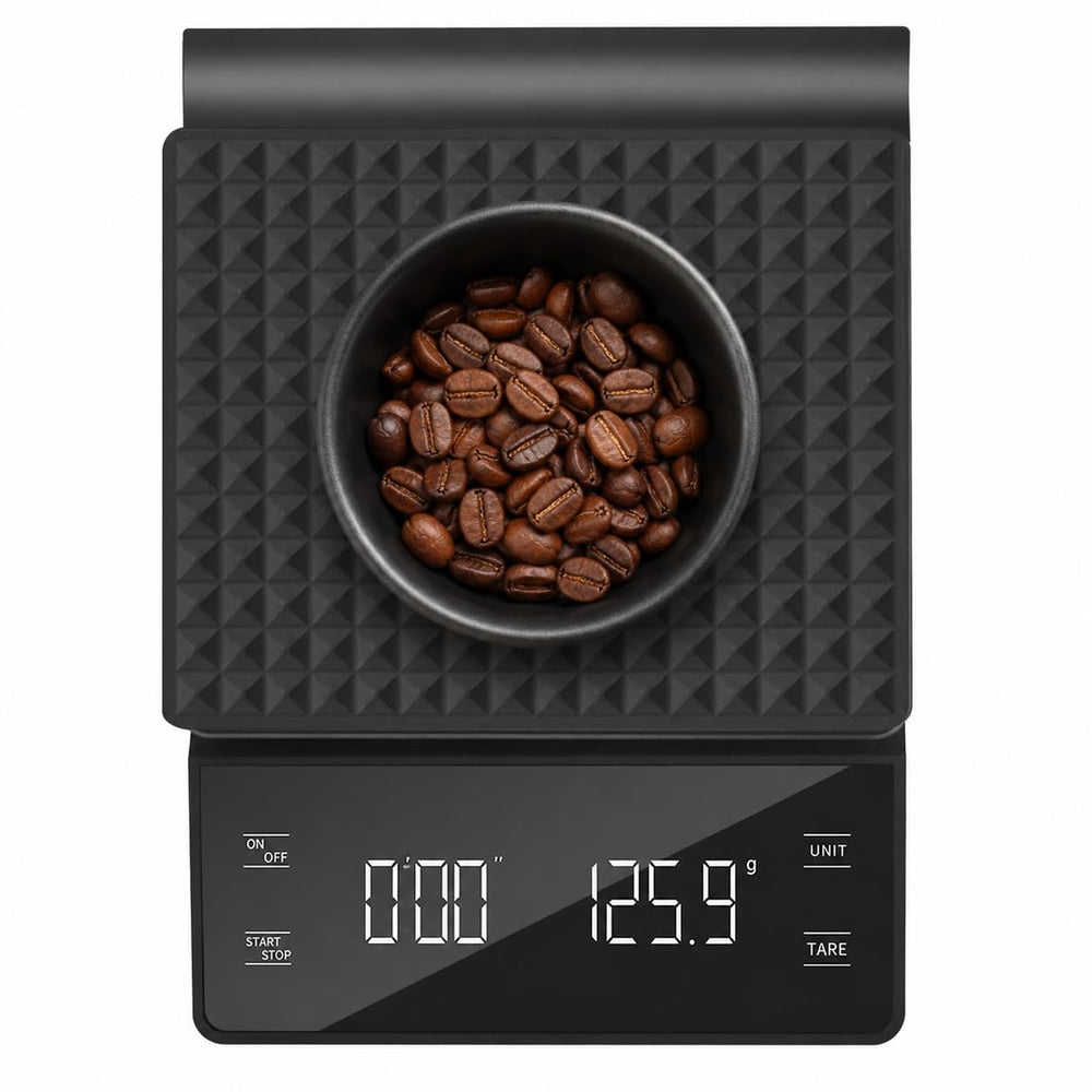 NKOVE scale front view showing slim profile and platform, precise brewing benefit