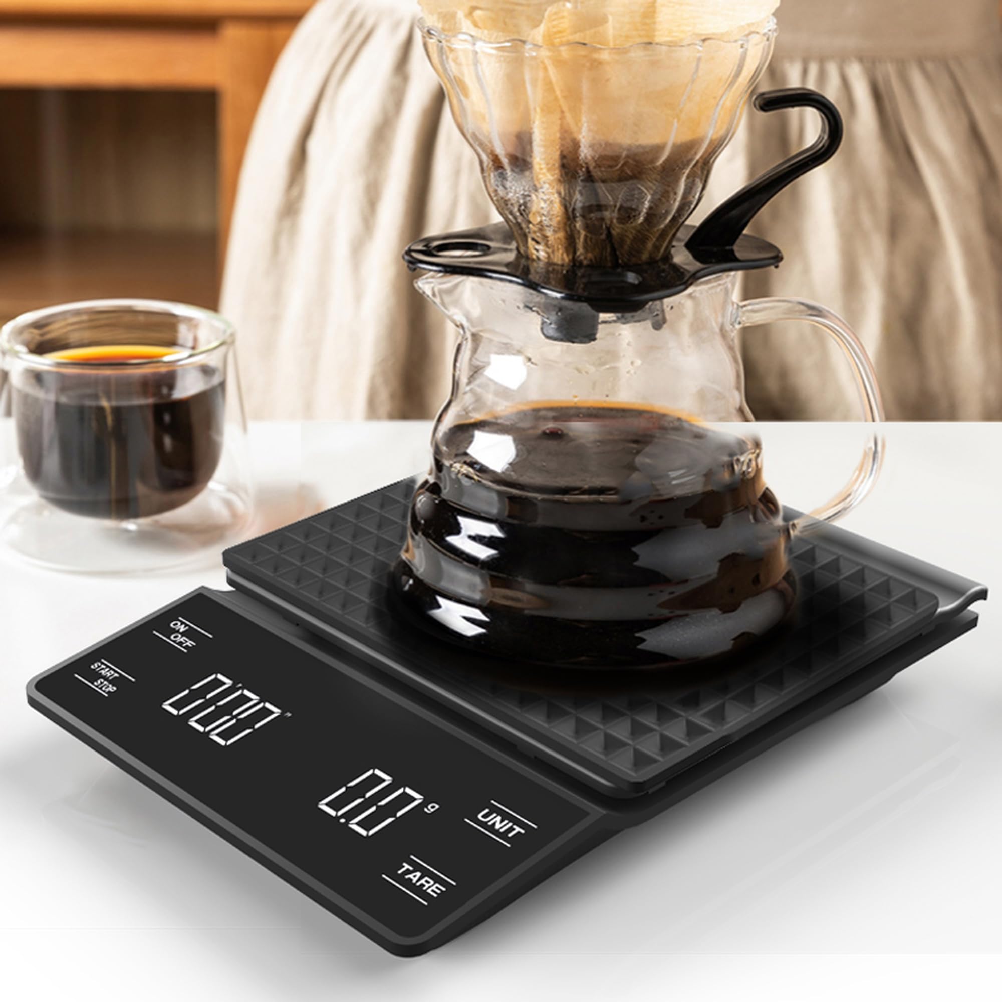 NKOVE scale on kitchen counter with coffee tools, reliable daily brewing benefit