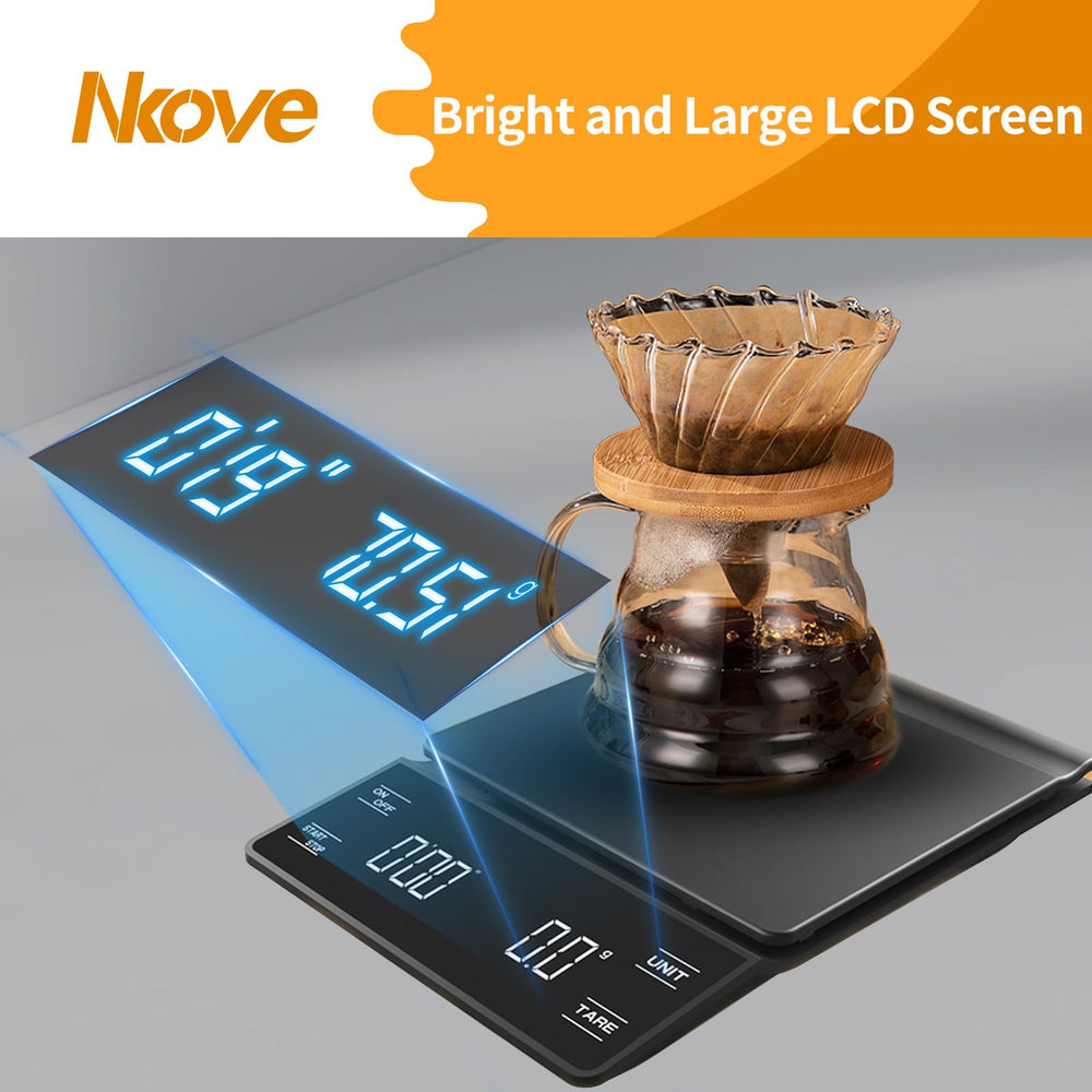 NKOVE display showing g oz ml unit options, flexible recipe compatibility