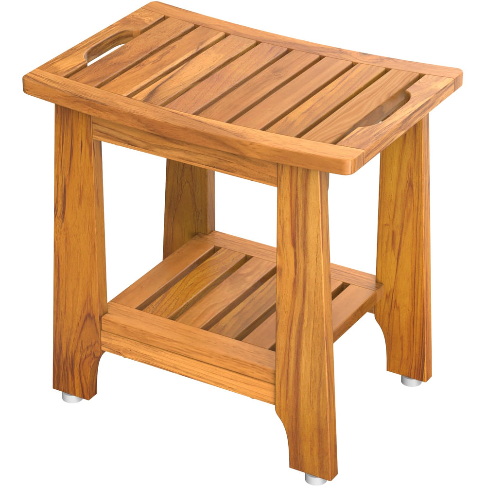 NNN front view of teak shower bench, warm seat and sturdy feel