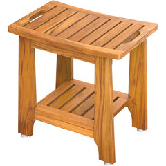 NNN front view of teak shower bench, warm seat and sturdy feel