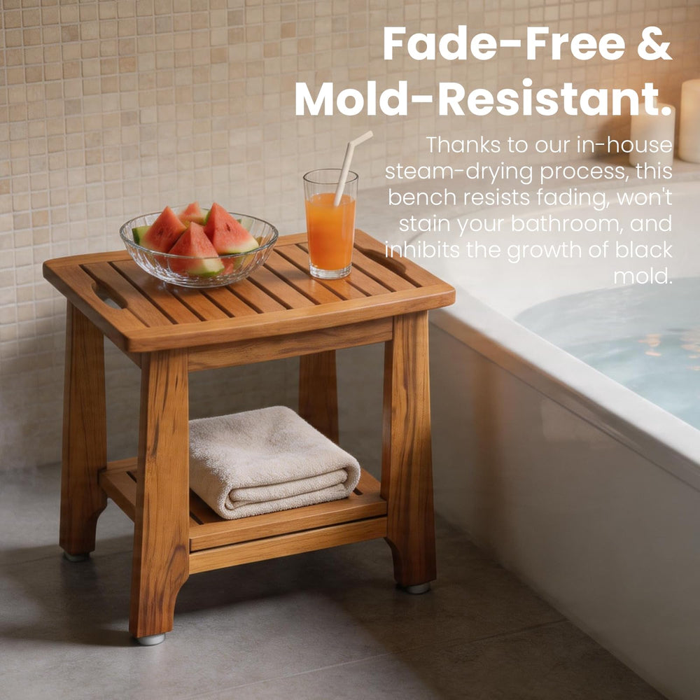 NNN teak bench in shower setting providing comfortable seating