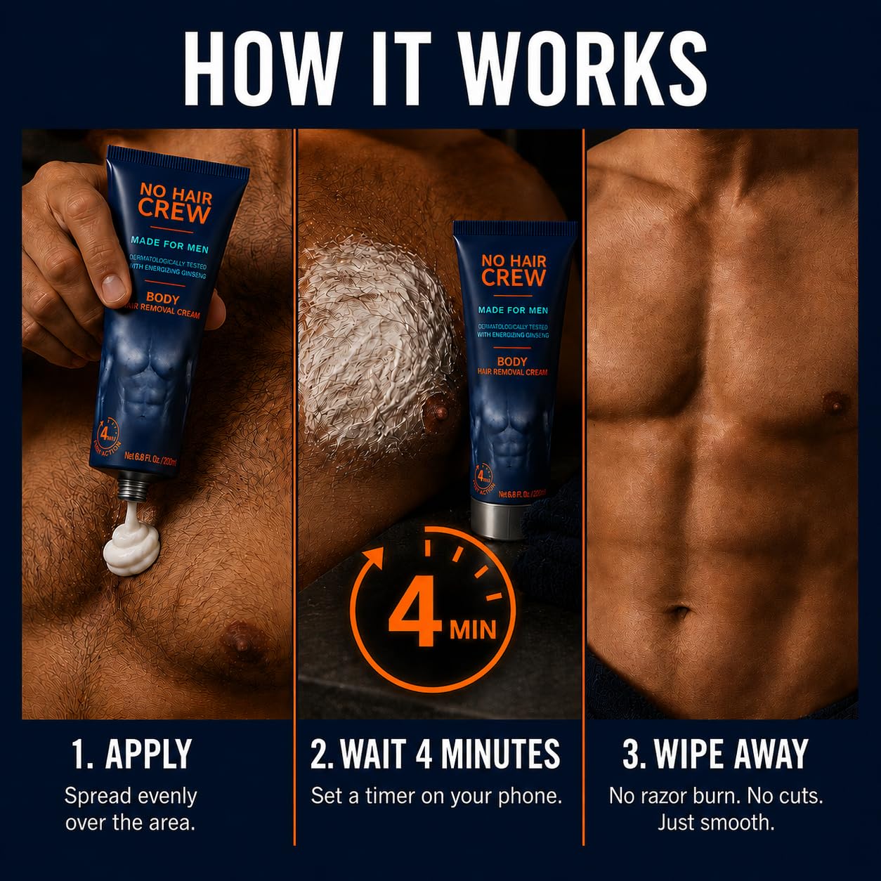 NO HAIR CREW applied with spatula illustrating easy, mess-free application for body