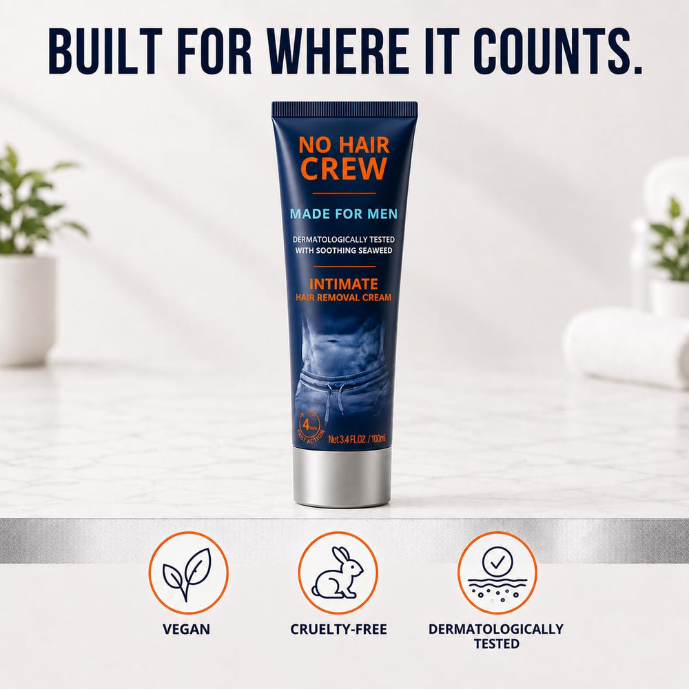 NO HAIR CREW lifestyle bathroom scene suggesting easy at-home manscaping routine