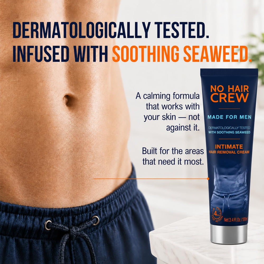 NO HAIR CREW size comparison with hand showing compact 100ml travel-friendly tube