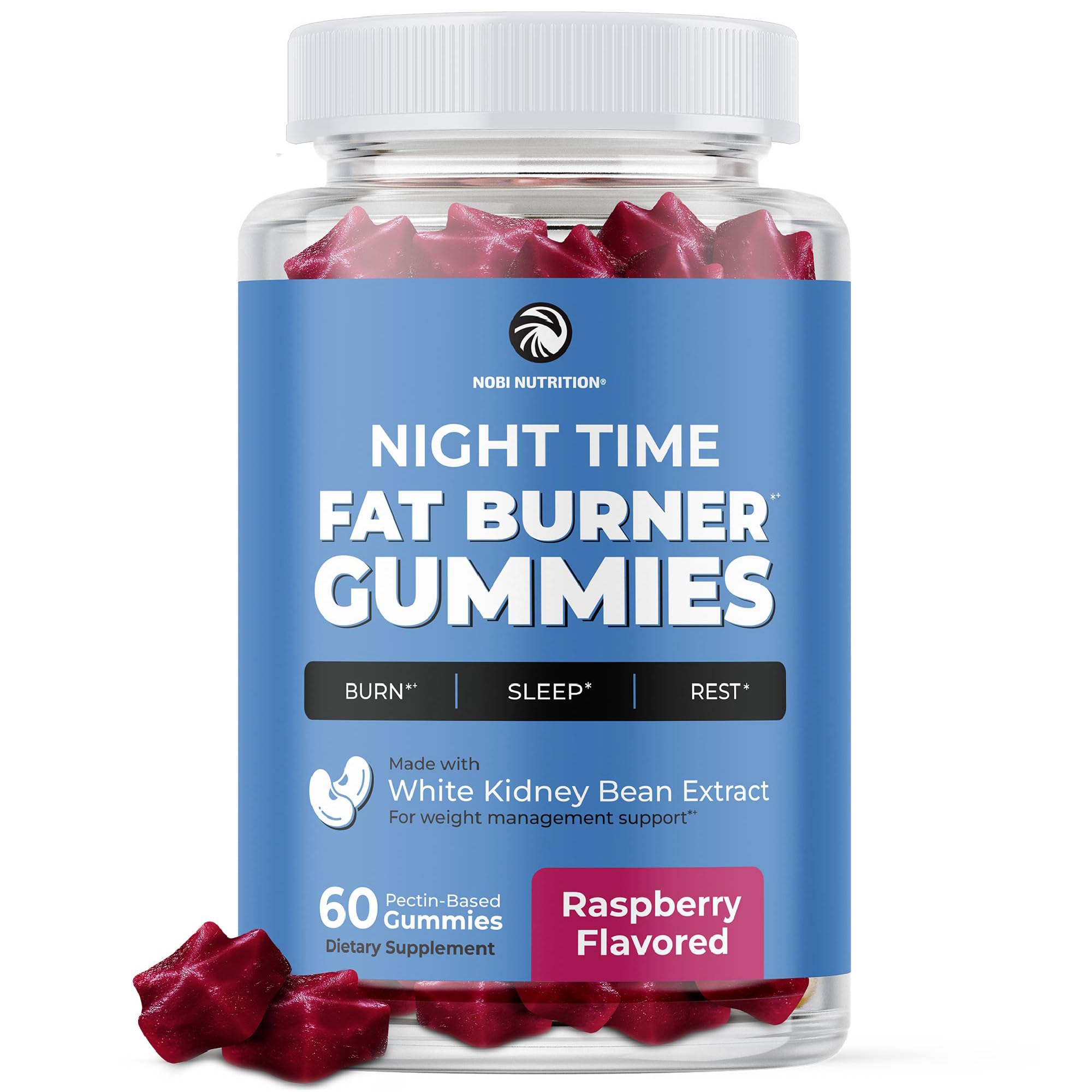 Nobi Nutrition front packaging showing raspberry fat burner gummies and key benefits