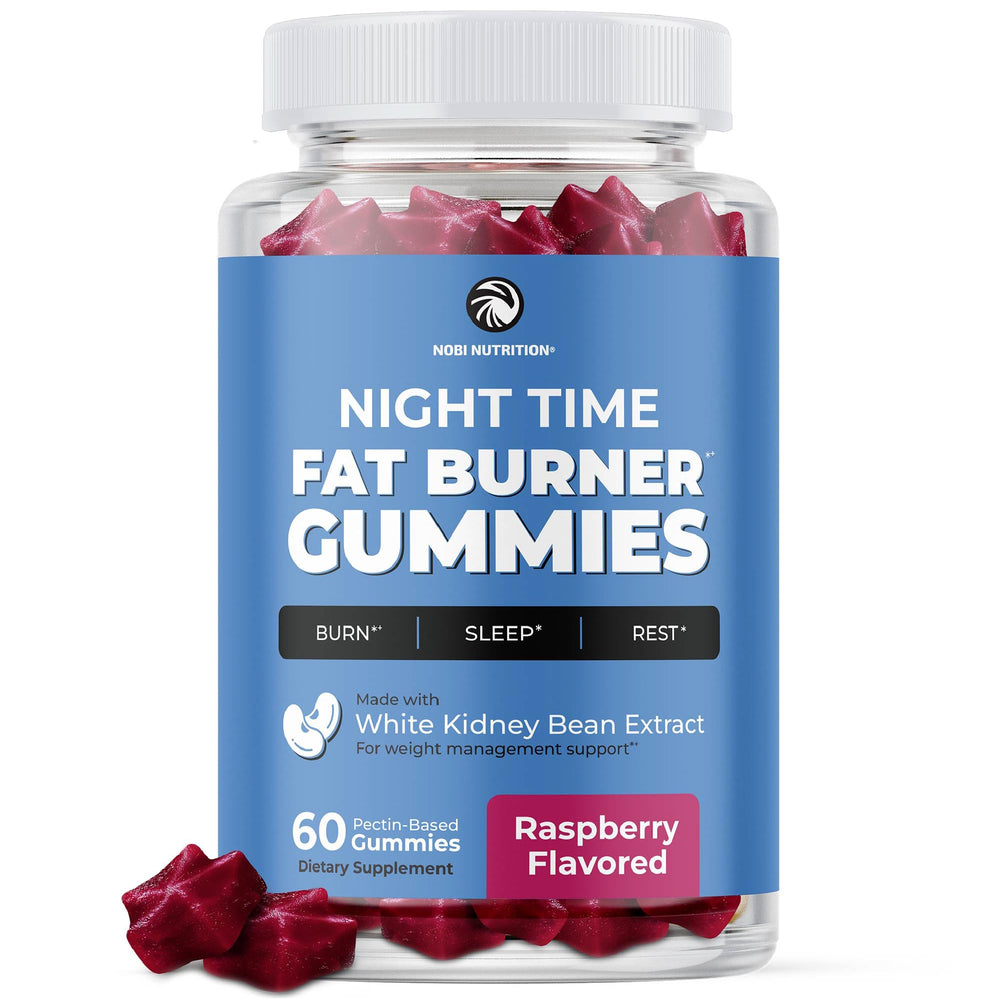 Nobi Nutrition front packaging showing raspberry fat burner gummies and key benefits