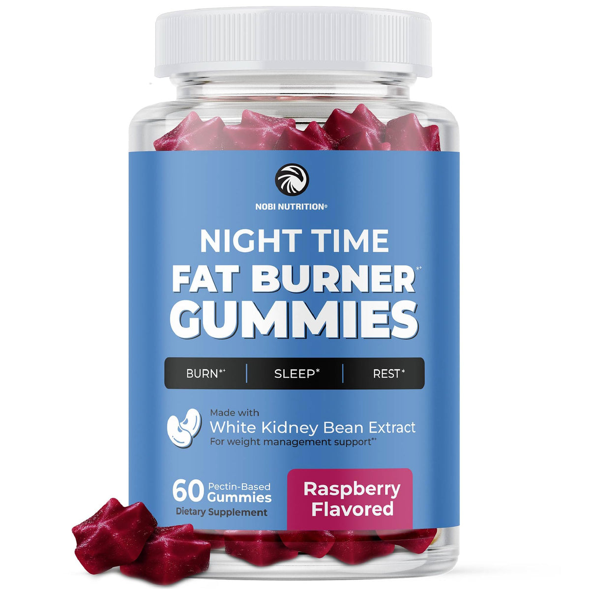 Nobi Nutrition front packaging showing raspberry fat burner gummies and key benefits
