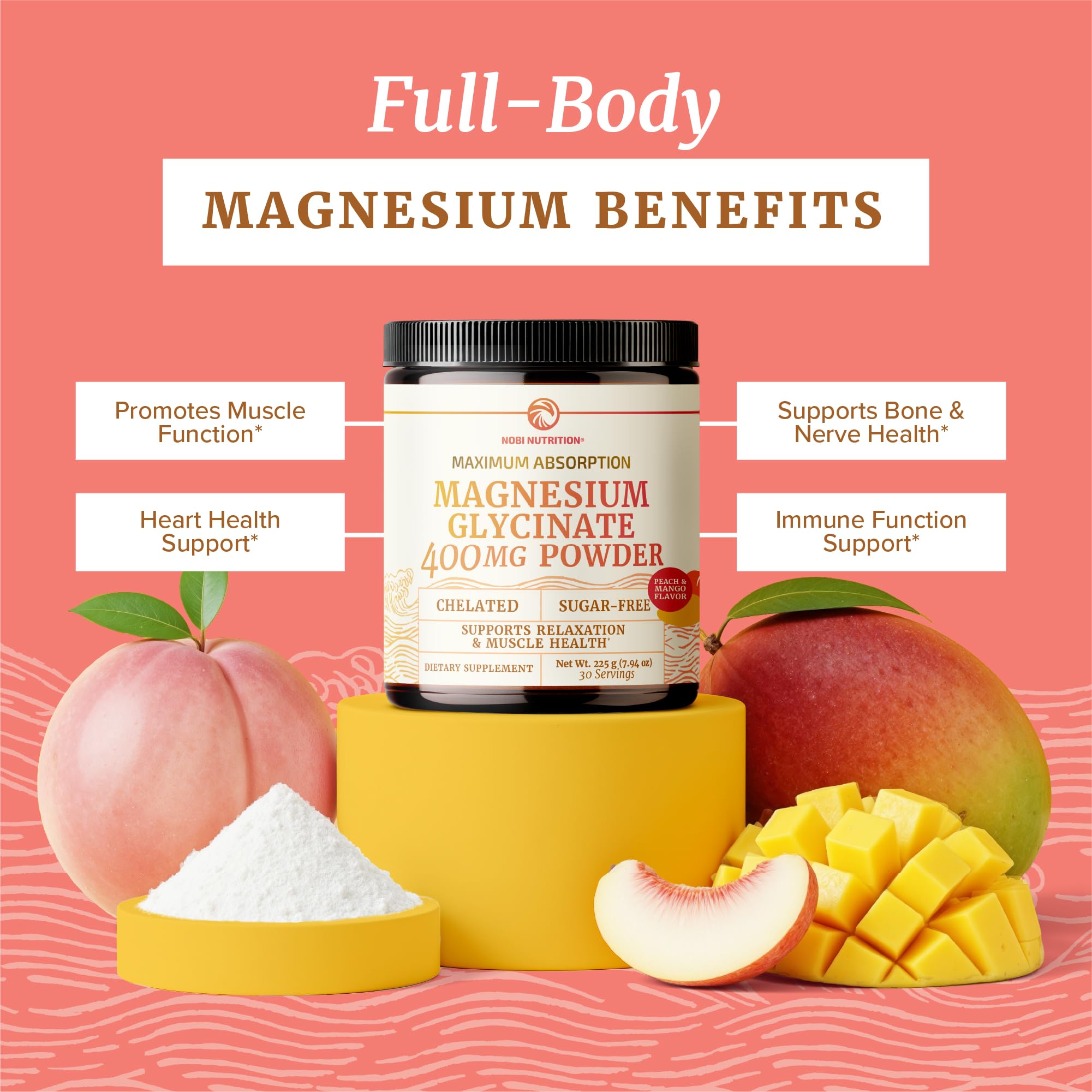 Nobi Nutrition powder beside peach and mango to illustrate natural flavor