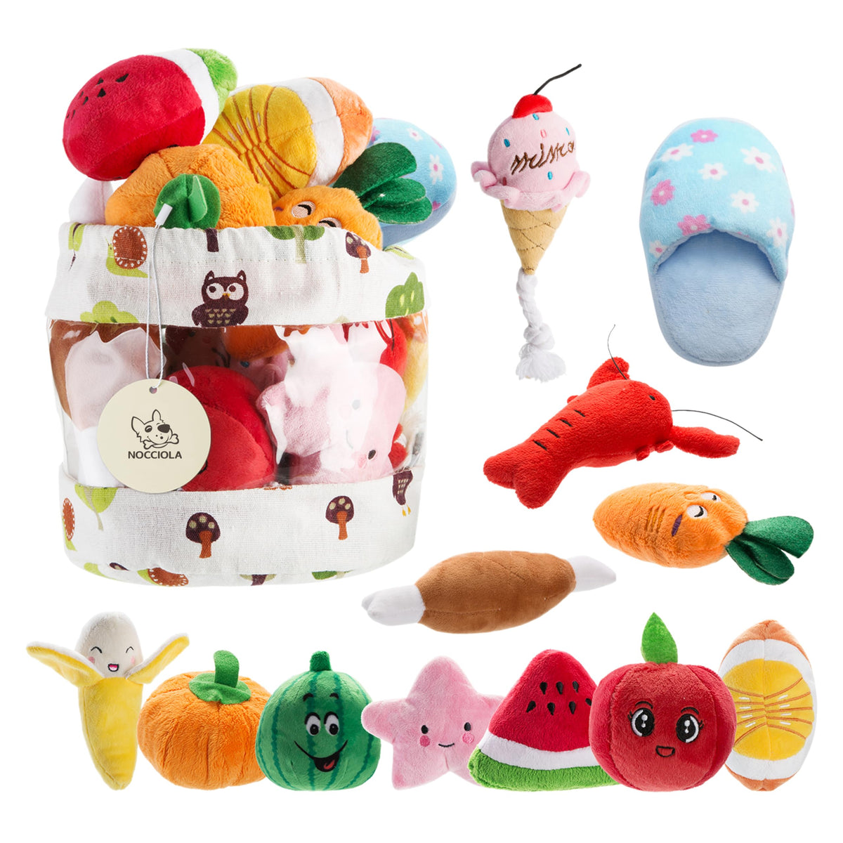 Nocciola front pack shot showing 12 plush squeaky toys and bag, convenient storage