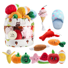 Nocciola front pack shot showing 12 plush squeaky toys and bag, convenient storage