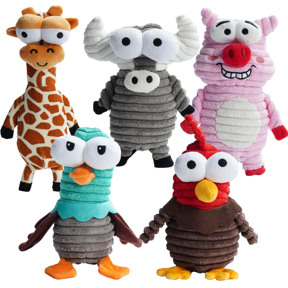 Nocciola front pack showing five squeaky critter toys and variety benefit
