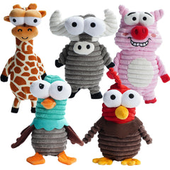 Nocciola front pack showing five squeaky critter toys and variety benefit