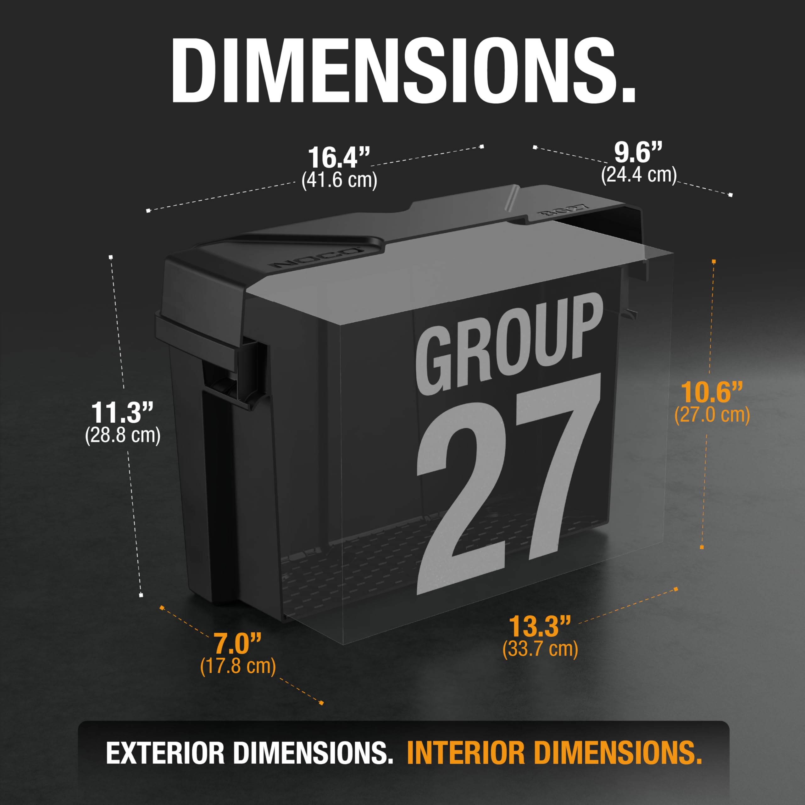 NOCO BG27 beside Group 27 battery showing correct fit and size clarity