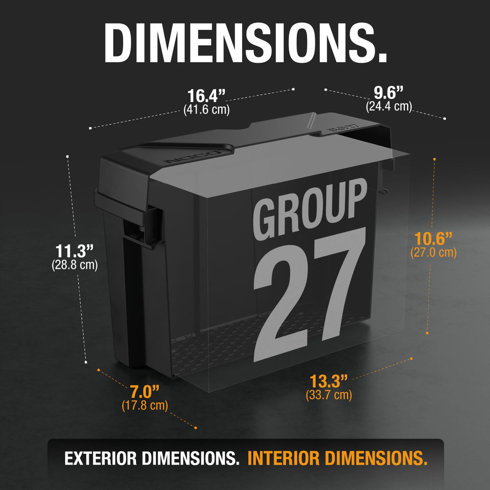 NOCO BG27 beside Group 27 battery showing correct fit and size clarity