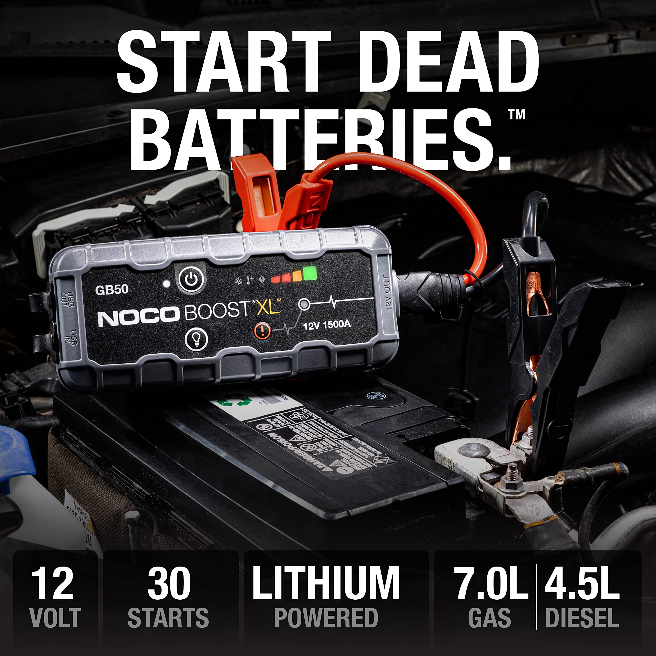 NOCO GB50 heavy-duty clamps and cable detail offering fast, efficient energy transfer